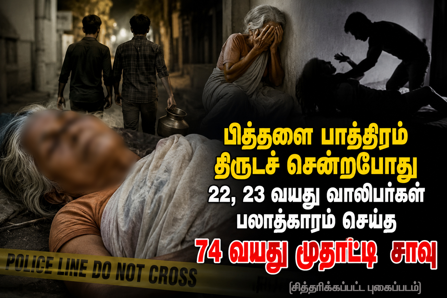 பித்தளை பாத்திரம் திருடச் சென்றபோது 22, 23 வயது வாலிபர்கள் பலாத்காரம் செய்த 74 வயது மூதாட்டி சாவு